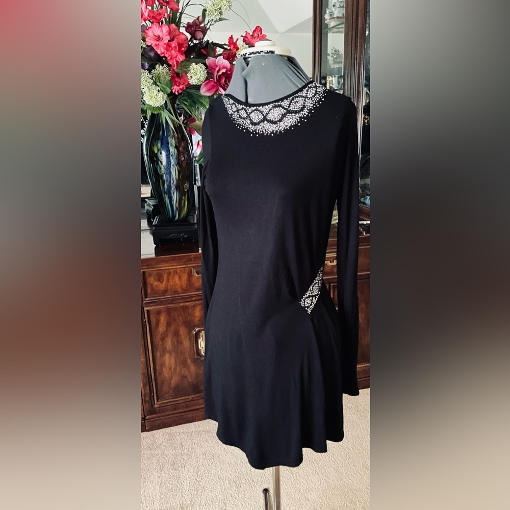 Elegant Black Long-Sleeve Dress with Rhinestone Accents